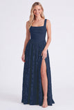 Floral A Line Dusty Blue Bridesmaid Dress with Slit
