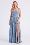 Floral A Line Dusty Blue Bridesmaid Dress with Slit