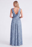 Floral A Line Dusty Blue Bridesmaid Dress with Slit