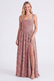 Floral A Line Dusty Blue Bridesmaid Dress with Slit