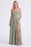 Floral A Line Dusty Blue Bridesmaid Dress with Slit