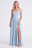 Floral A Line Dusty Blue Bridesmaid Dress with Slit