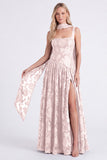Dusty Rose A Line Floral Long Bridesmaid Dress with Slit