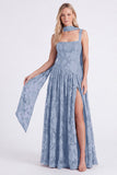 Dusty Rose A Line Floral Long Bridesmaid Dress with Slit