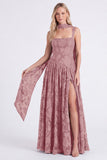 Dusty Rose A Line Floral Long Bridesmaid Dress with Slit
