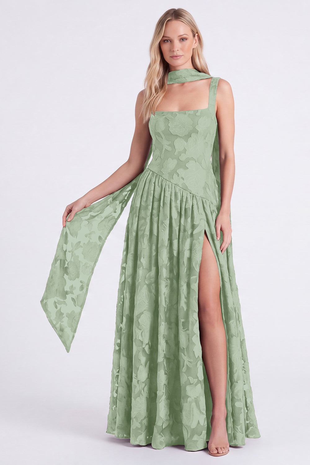 WEDTREND Women Dusty Rose A Line Bridesmaid Dress with Slit Floral Square Neck Long Wedding Guest Dress with Scarf, Dusty Sage / US14