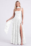 Dusty Rose A Line Floral Long Bridesmaid Dress with Slit