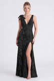 Eucalyptus Floral V Neck Mermaid Ruffled Bridesmaid Dress with Slit