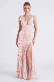 Eucalyptus Floral V Neck Mermaid Ruffled Bridesmaid Dress with Slit