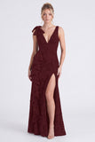 Eucalyptus Floral V Neck Mermaid Ruffled Bridesmaid Dress with Slit