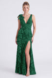 Eucalyptus Floral V Neck Mermaid Ruffled Bridesmaid Dress with Slit