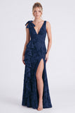 Eucalyptus Floral V Neck Mermaid Ruffled Bridesmaid Dress with Slit