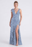 Eucalyptus Floral V Neck Mermaid Ruffled Bridesmaid Dress with Slit