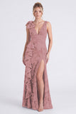 Eucalyptus Floral V Neck Mermaid Ruffled Bridesmaid Dress with Slit