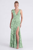 Eucalyptus Floral V Neck Mermaid Ruffled Bridesmaid Dress with Slit