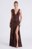 Eucalyptus Floral V Neck Mermaid Ruffled Bridesmaid Dress with Slit