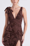 Eucalyptus Floral V Neck Mermaid Ruffled Bridesmaid Dress with Slit