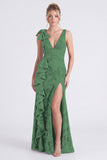 Eucalyptus Floral V Neck Mermaid Ruffled Bridesmaid Dress with Slit