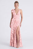 Eucalyptus Floral V Neck Mermaid Ruffled Bridesmaid Dress with Slit