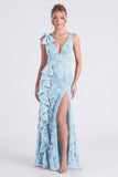 Eucalyptus Floral V Neck Mermaid Ruffled Bridesmaid Dress with Slit