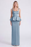 Dusty Sage Satin Square Neck Sheath Bridesmaid Dress with Slit