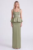 Dusty Sage Satin Square Neck Sheath Bridesmaid Dress with Slit
