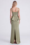 Dusty Sage Satin Square Neck Sheath Bridesmaid Dress with Slit