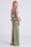 Dusty Sage Satin Square Neck Sheath Bridesmaid Dress with Slit
