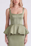 Dusty Sage Satin Square Neck Sheath Bridesmaid Dress with Slit