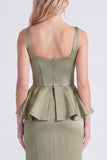 Dusty Sage Satin Square Neck Sheath Bridesmaid Dress with Slit