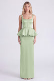 Dusty Sage Satin Square Neck Sheath Bridesmaid Dress with Slit