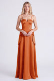 Burnt Orange Spaghetti Straps A Line Satin Bridesmaid Dress