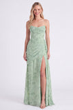 Strapless Corset Dusty Sage Floral Bridesmaid Dress with Slit