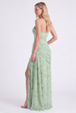 Strapless Corset Dusty Sage Floral Bridesmaid Dress with Slit