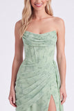 Strapless Corset Dusty Sage Floral Bridesmaid Dress with Slit