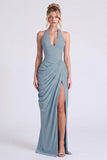 Halter Floral Dusty Sage Bridesmaid Dress with Slit