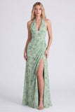 Halter Floral Dusty Sage Bridesmaid Dress with Slit