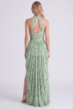 Halter Floral Dusty Sage Bridesmaid Dress with Slit