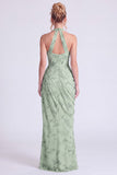 Halter Floral Dusty Sage Bridesmaid Dress with Slit