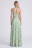 Halter Floral Dusty Sage Bridesmaid Dress with Slit