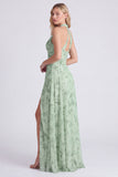 Halter Floral Dusty Sage Bridesmaid Dress with Slit