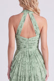 Halter Floral Dusty Sage Bridesmaid Dress with Slit