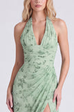 Halter Floral Dusty Sage Bridesmaid Dress with Slit