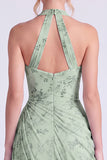 Halter Floral Dusty Sage Bridesmaid Dress with Slit
