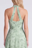 Halter Floral Dusty Sage Bridesmaid Dress with Slit