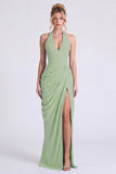 Halter Floral Dusty Sage Bridesmaid Dress with Slit
