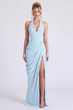 Halter Floral Dusty Sage Bridesmaid Dress with Slit