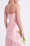 Pink Mermaid Satin Long Bridesmaid Dress with 3D Flowers
