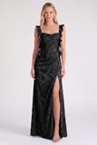 Light Blue Jacquard Ruffle Strap Mermaid Bridesmaid Dress with Slit