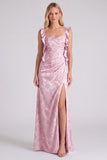 Light Blue Jacquard Ruffle Strap Mermaid Bridesmaid Dress with Slit